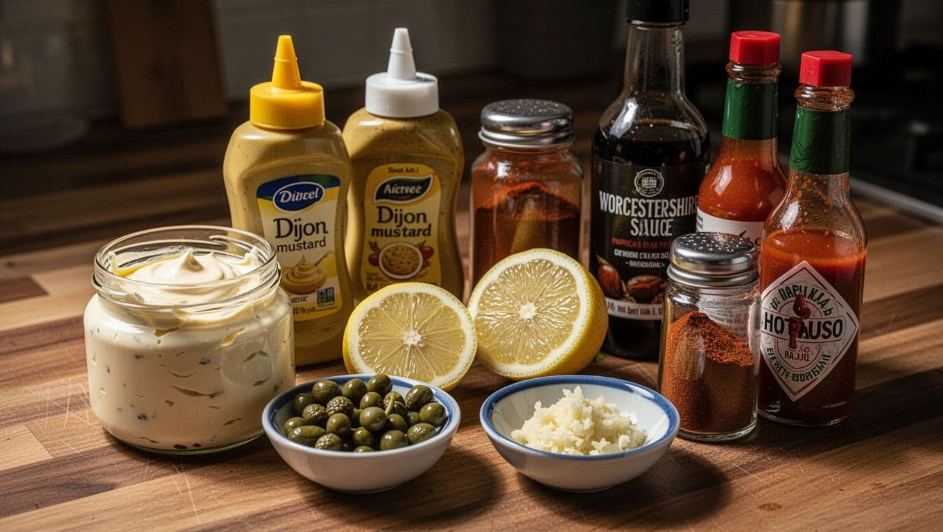 Assortment of fresh pantry staples including open mayonnaise jar, Dijon mustard, halved lemon, capers, minced garlic, paprika, Worcestershire sauce, and hot sauce on a wooden kitchen counter, ready for remoulade sauce preparation. Tight close-up cinematic composition with dramatic side lighting.