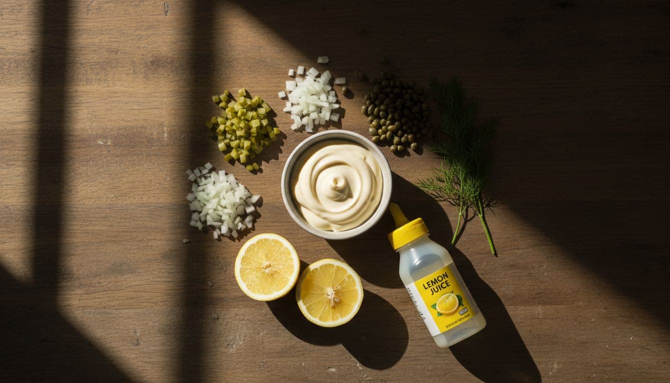 Fresh ingredients for tartar sauce neatly arranged on a rustic wooden table, including a bowl of mayonnaise, chopped pickles, diced onions, capers, lemon halves, fresh dill sprigs, and a squeeze bottle of lemon juice, captured in a top-down cinematic style with dramatic side lighting and warm earthy tones.