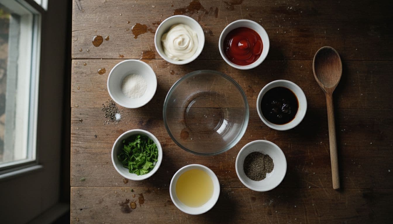 Small bowls with mayonnaise, ketchup, garlic powder, Worcestershire sauce, lemon juice, black pepper, and fresh parsley sprigs arranged neatly in a circle around an empty glass mixing bowl on a wooden kitchen counter. Overhead composition with soft natural light, cinematic style, strong contrast, and one wooden spoon nearby.