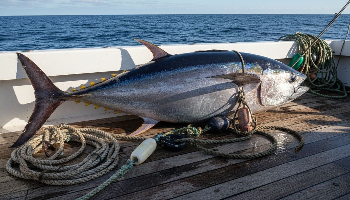 Freshly caught giant bluefin tuna rests on the wooden deck of a commercial fishing boat, scales glistening in bright sunlight amid ropes and gear, with the open ocean in the background.