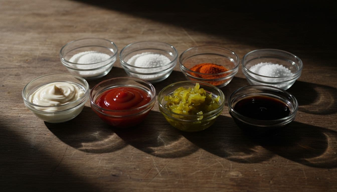 Small glass bowls with mayonnaise, ketchup, sweet pickle relish, Worcestershire sauce, garlic powder, onion powder, paprika, and salt on a rustic wooden kitchen counter. Close-up cinematic style with dramatic side lighting and strong contrast.