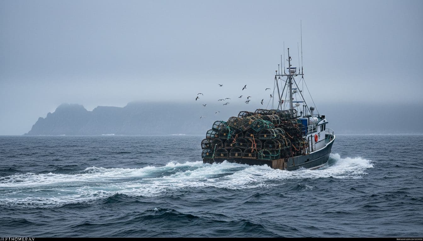 The F/V Summer Bay crab fishing boat powers through choppy Bering Sea waters with crab pots stacked high on the rear deck, distant Alaskan coastline shrouded in fog, and seagulls overhead in realistic documentary photography style with cool blue tones.