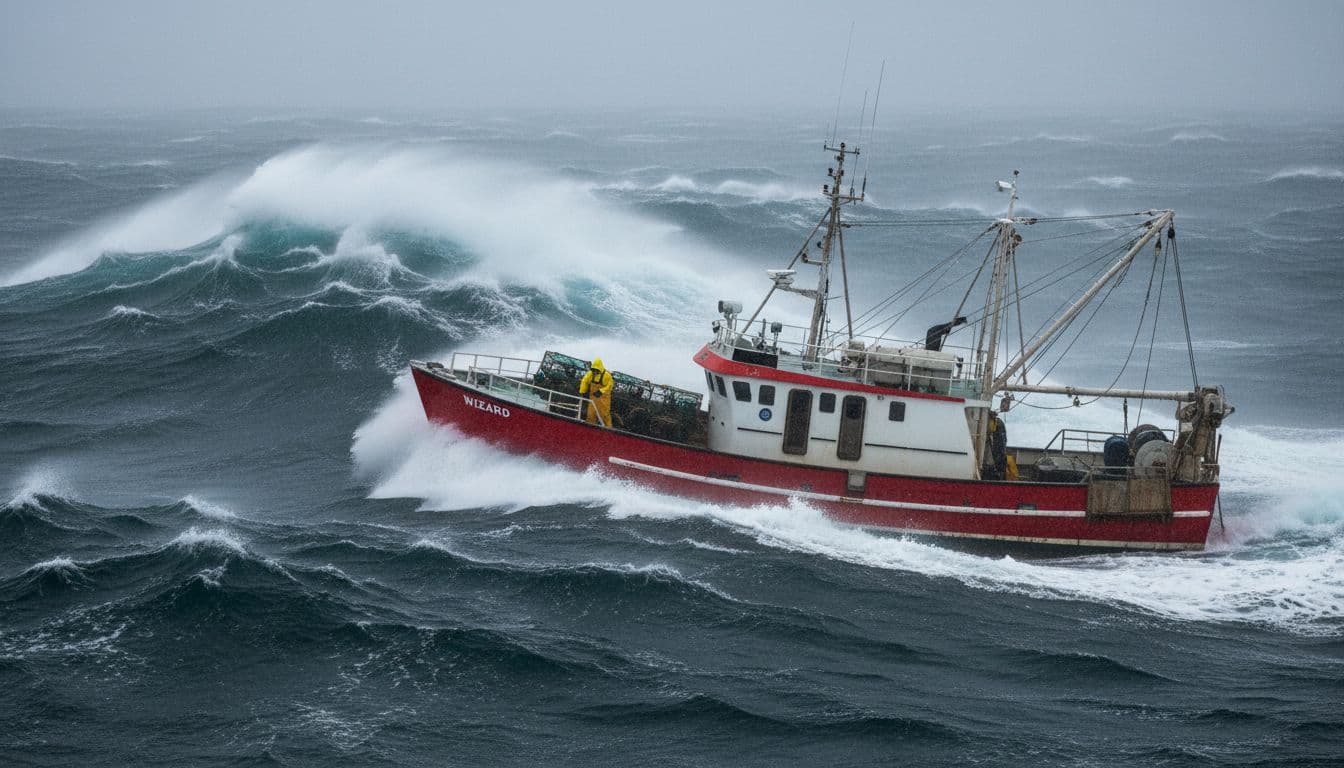 Rugged Alaskan king crab fishing boat F/V Wizard endures massive waves and icy conditions in the Bering Sea during a storm, with a single deckhand in yellow rain gear working crab pots.