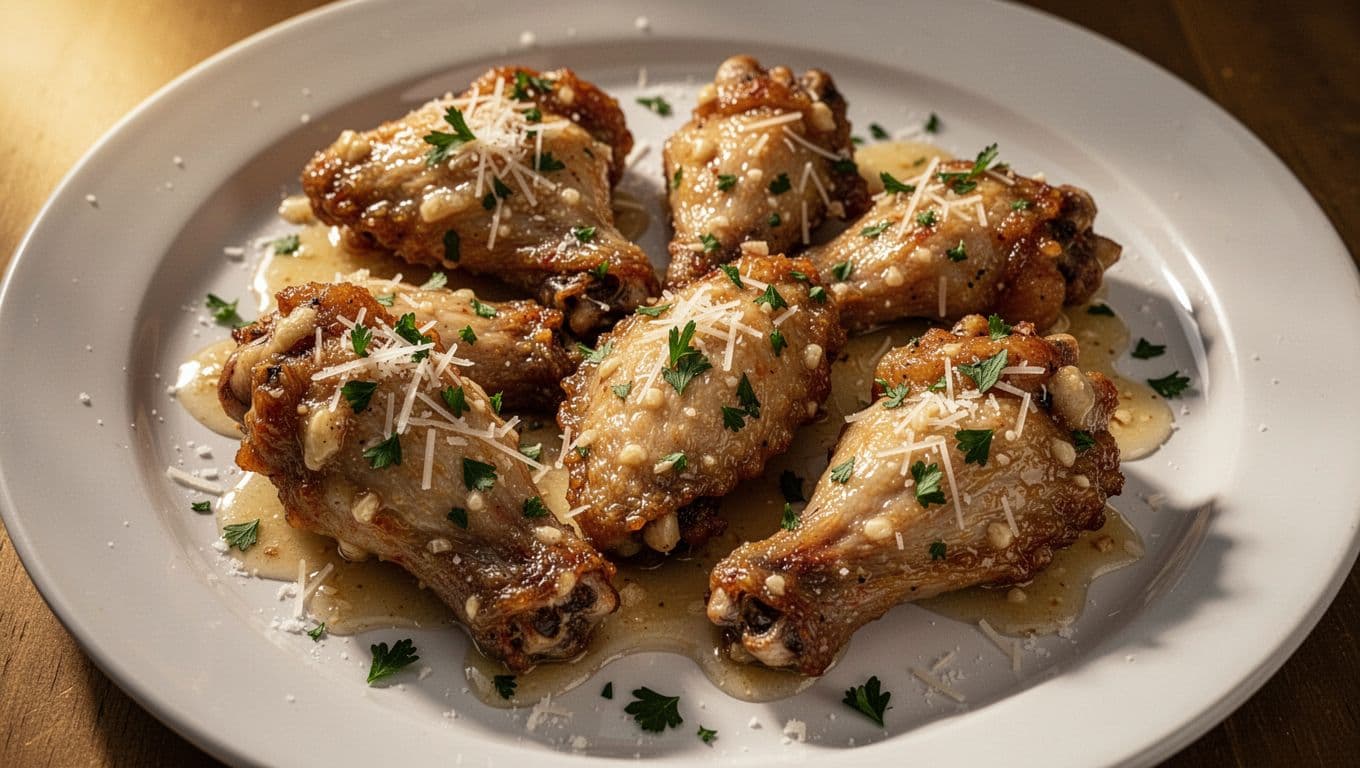 Six crispy chicken wings coated in thick glistening garlic parmesan sauce on a white plate, garnished with parmesan flakes and parsley.