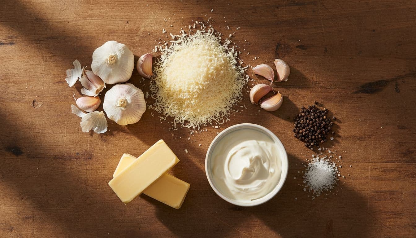 Grated parmesan block, garlic bulbs and cloves, butter sticks, heavy cream bowl, peppercorns, and sea salt on wooden counter.
