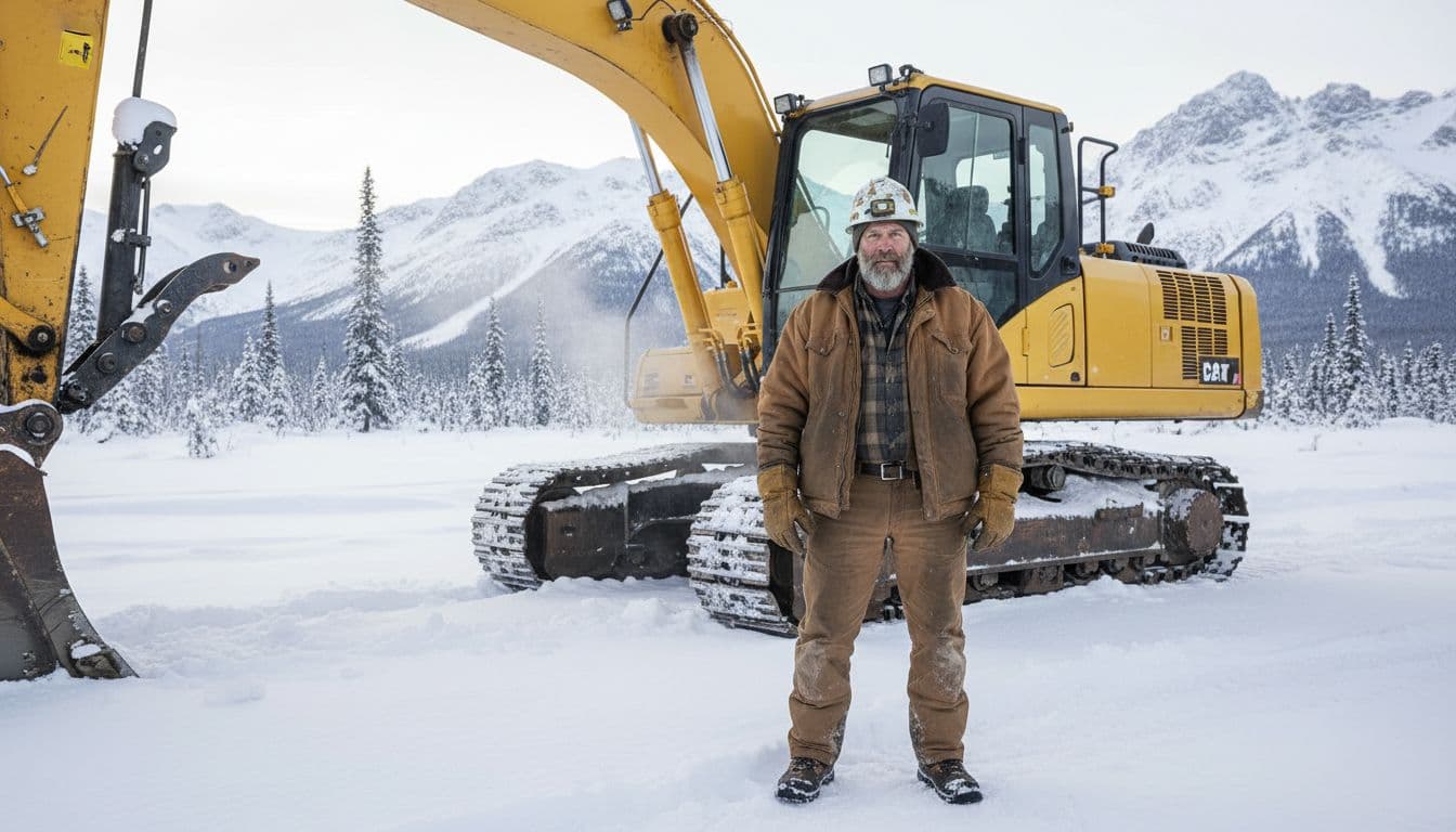 Rugged 50-year-old man resembling Gene Cheeseman stands confidently beside a large yellow excavator on a snowy Alaskan gold claim, wearing a hard hat, heavy jacket, work boots, and gloves in a remote wilderness with pine trees and mountains.