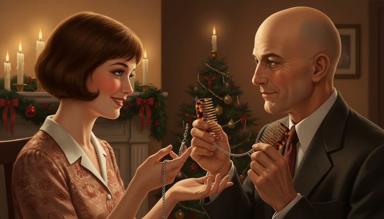 Young woman with short bobbed hair joyfully hands an elegant platinum fob watch chain to her husband, who holds ornate tortoise-shell combs for her now-gone long hair, as Della and Jim exchange ironic tender smiles of realization and sacrificial love on Christmas Eve in a cozy apartment with dim candlelight and holiday decorations.
