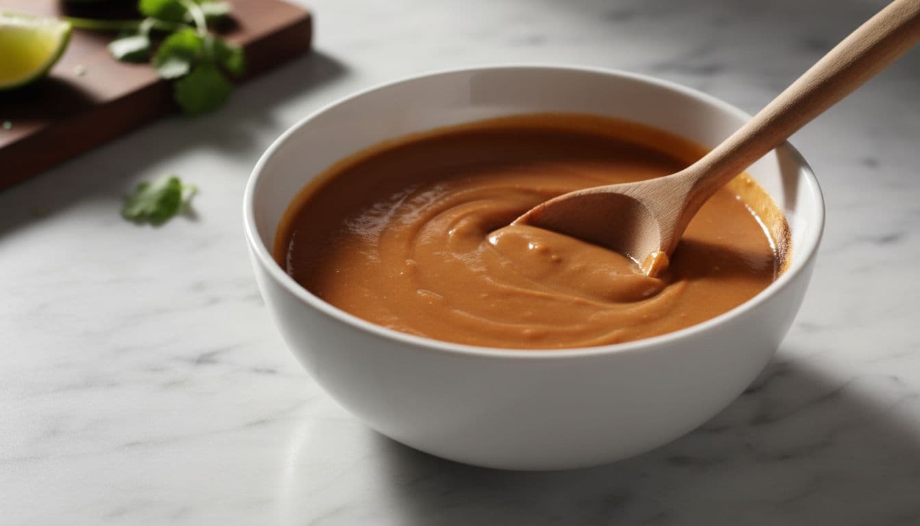 White ceramic bowl half-filled with glossy peanut sauce, wooden spoon creating swirls, on light marble counter with blurred herbs and lime.
