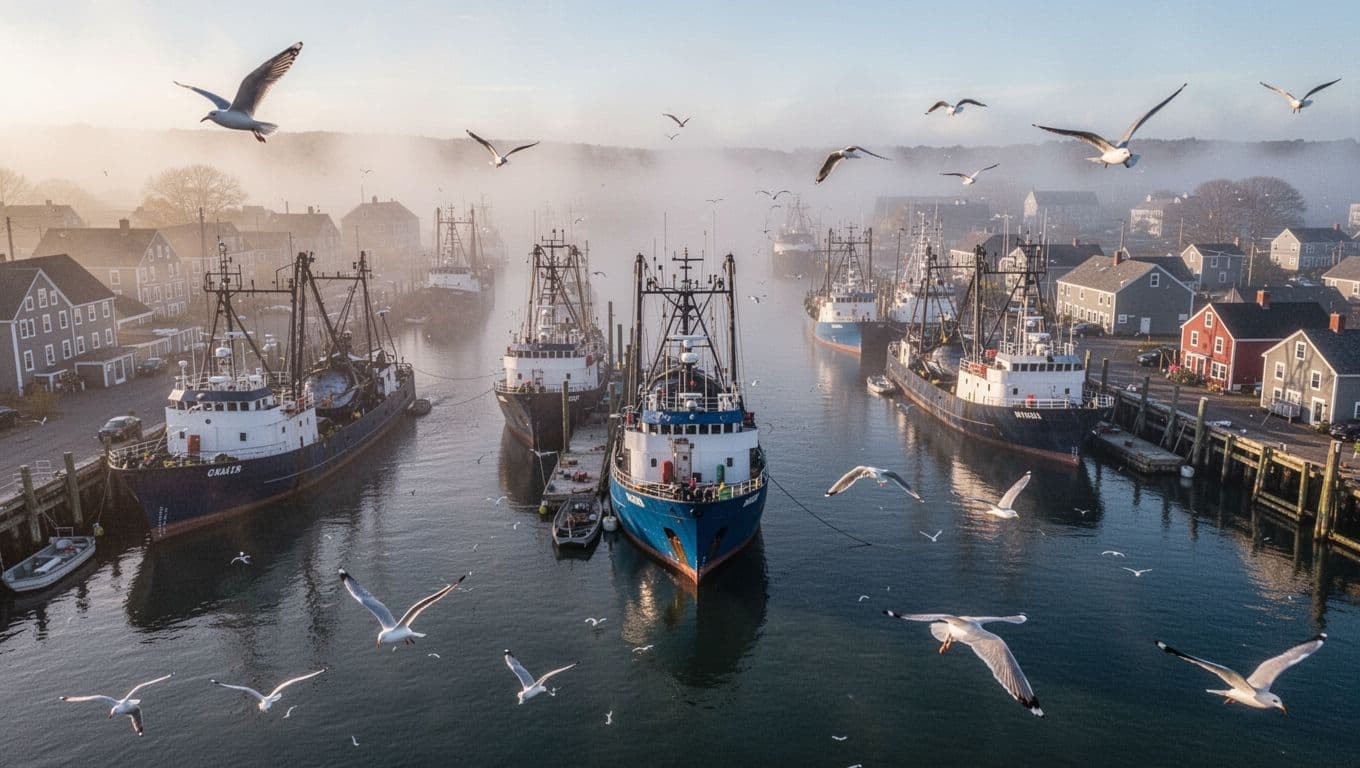 Aerial view of Gloucester fishing harbor with docked tuna boats including prominent blue Hot Tuna amid morning fog and flying seagulls.