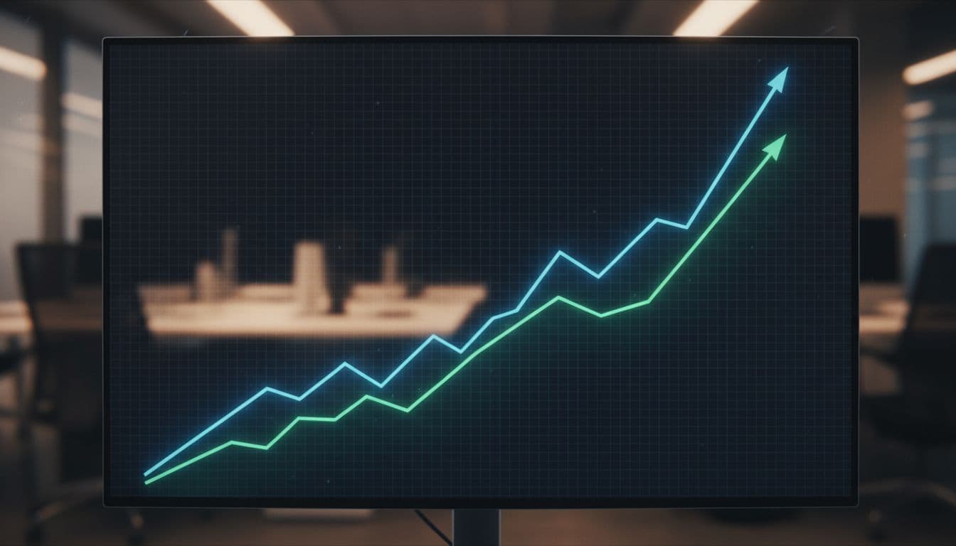 A glowing digital chart on a computer monitor displays upward trends against a blurred office background.