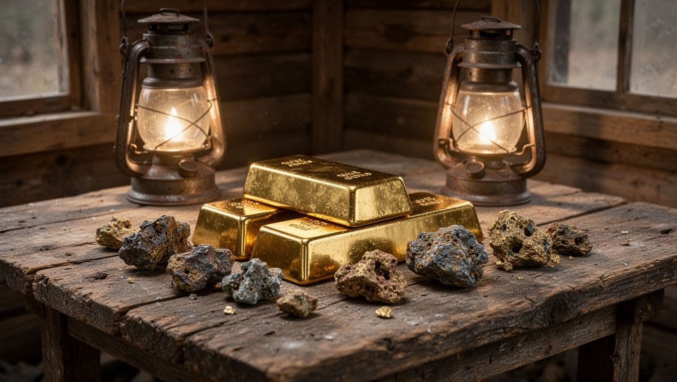 Several gold bars and nuggets arranged on a weathered wooden table in a rustic mining cabin, with soft lantern light casting warm glows and shadows in a realistic close-up still life featuring high detail textures.