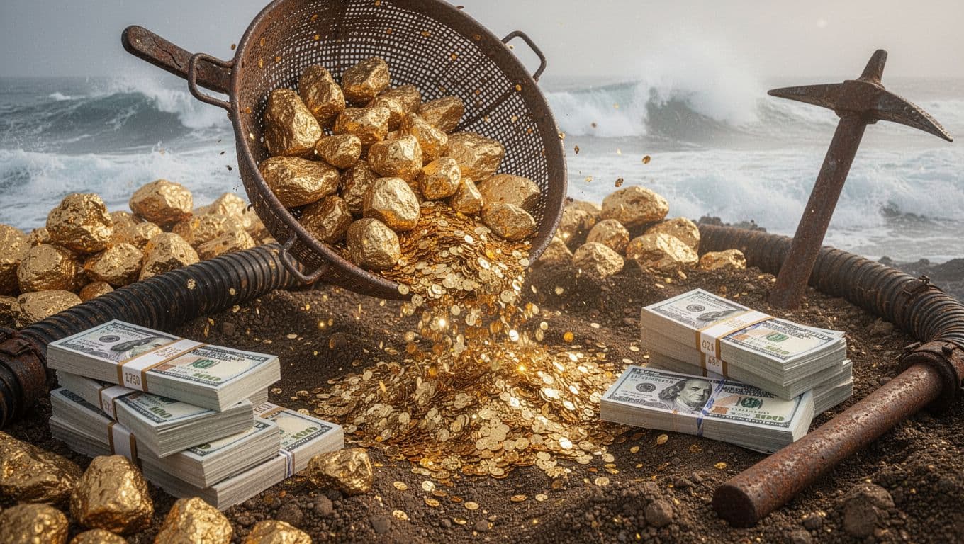 Dramatic close-up of raw gold nuggets and flakes spilling from a miner's sieve onto paydirt, beside stacks of crisp U.S. hundred-dollar bills, rusty dredging hose, pickaxe, and crashing Bering Sea waves in misty background.