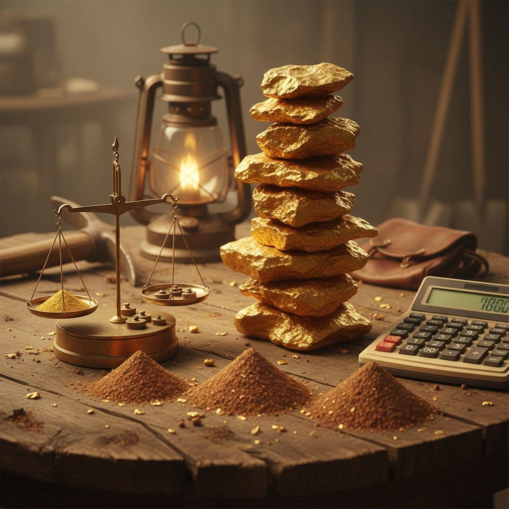 Close-up view of gold nuggets and paydirt piles on a wooden table in a rustic mining camp, with weighing scale and calculator nearby under dim lantern light, photorealistic with high detail on gold textures.