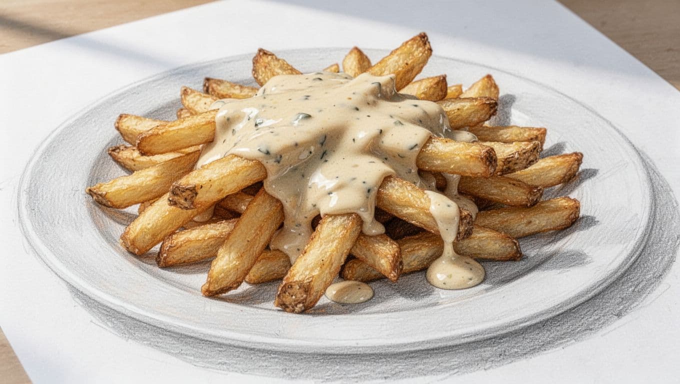 Pile of golden french fries on a white plate drizzled with thick creamy burger sauce, in a close-up angled hand-drawn graphite sketch style with light shading.