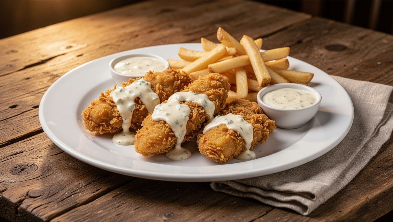 Golden fried chicken tenders on a white plate drizzled with creamy Zax sauce, side of crispy french fries with extra sauce for dipping. Rustic dining table setting with linen napkin, three-quarter angle, warm overhead lighting, cinematic style.