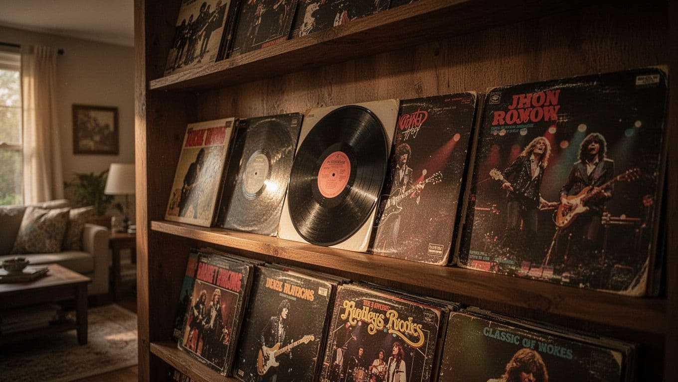 Close-up of classic rock vinyl records by Grand Funk Railroad on a wooden shelf in a cozy home, with soft warm lighting and cinematic dramatic contrast evoking enduring music legacy.