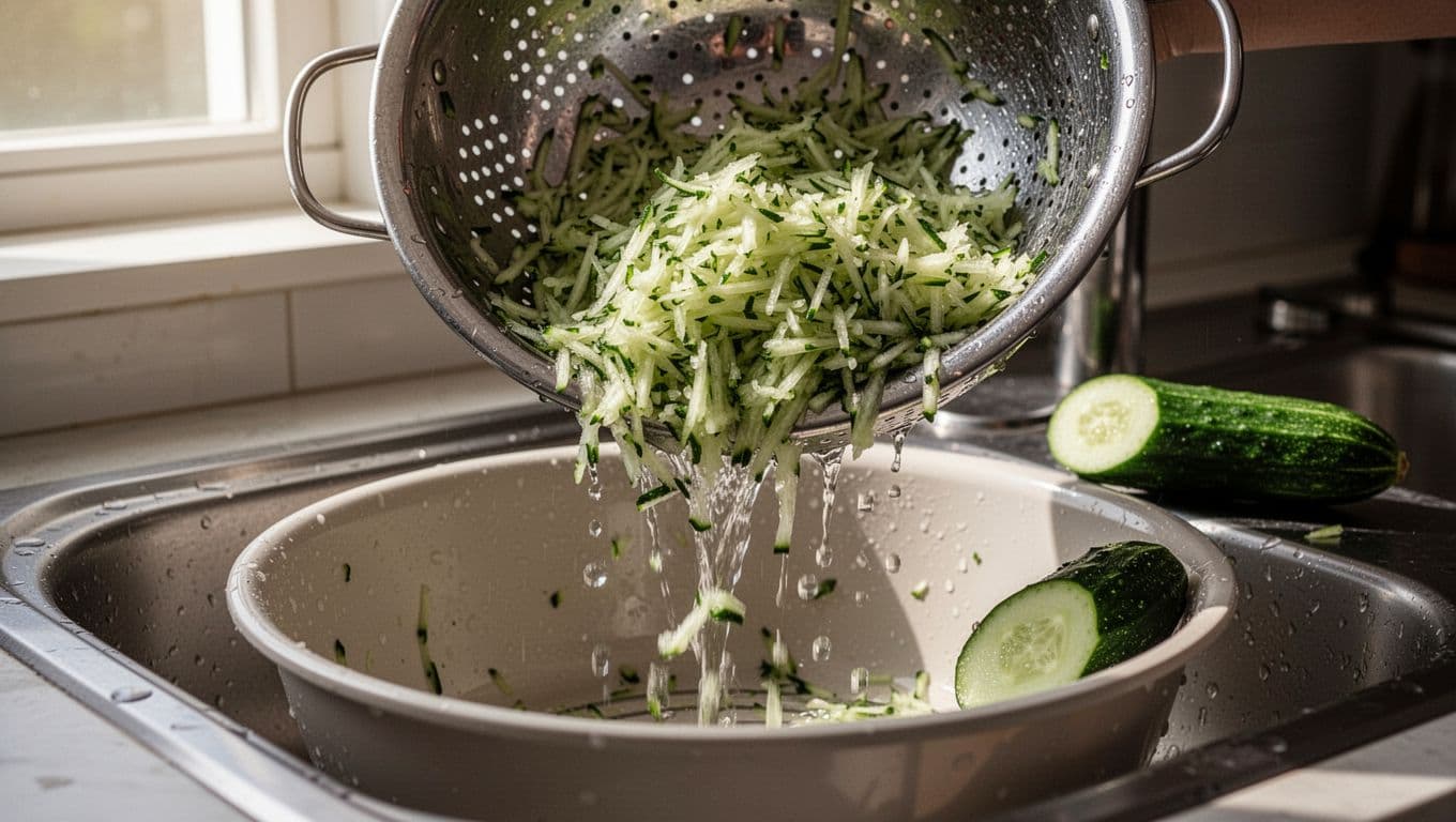 Colander of grated cucumber drains over sink bowl with water dripping and fresh cucumber half nearby.