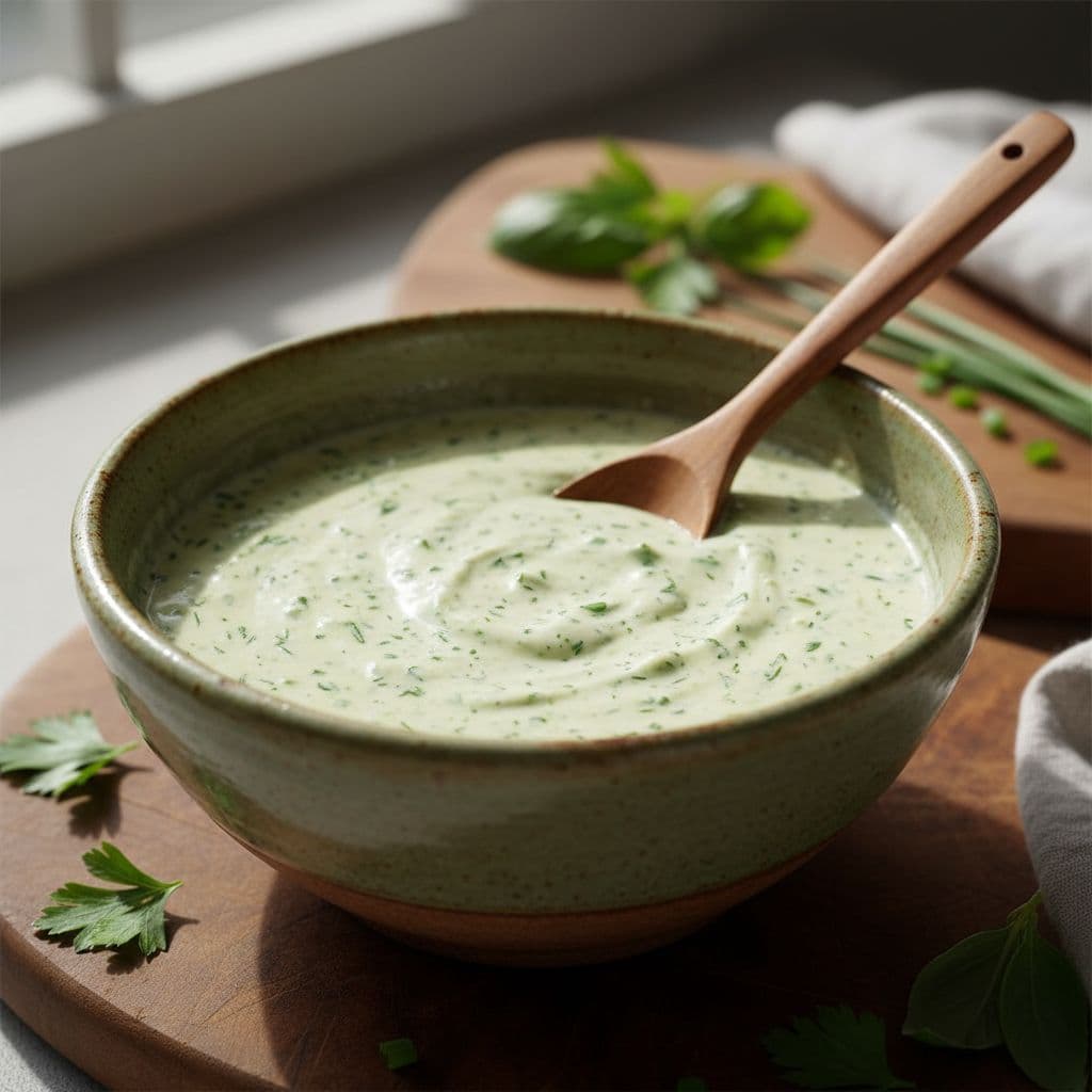 Creamy light green herb dressing fills a textured ceramic bowl with wooden spoon beside it.