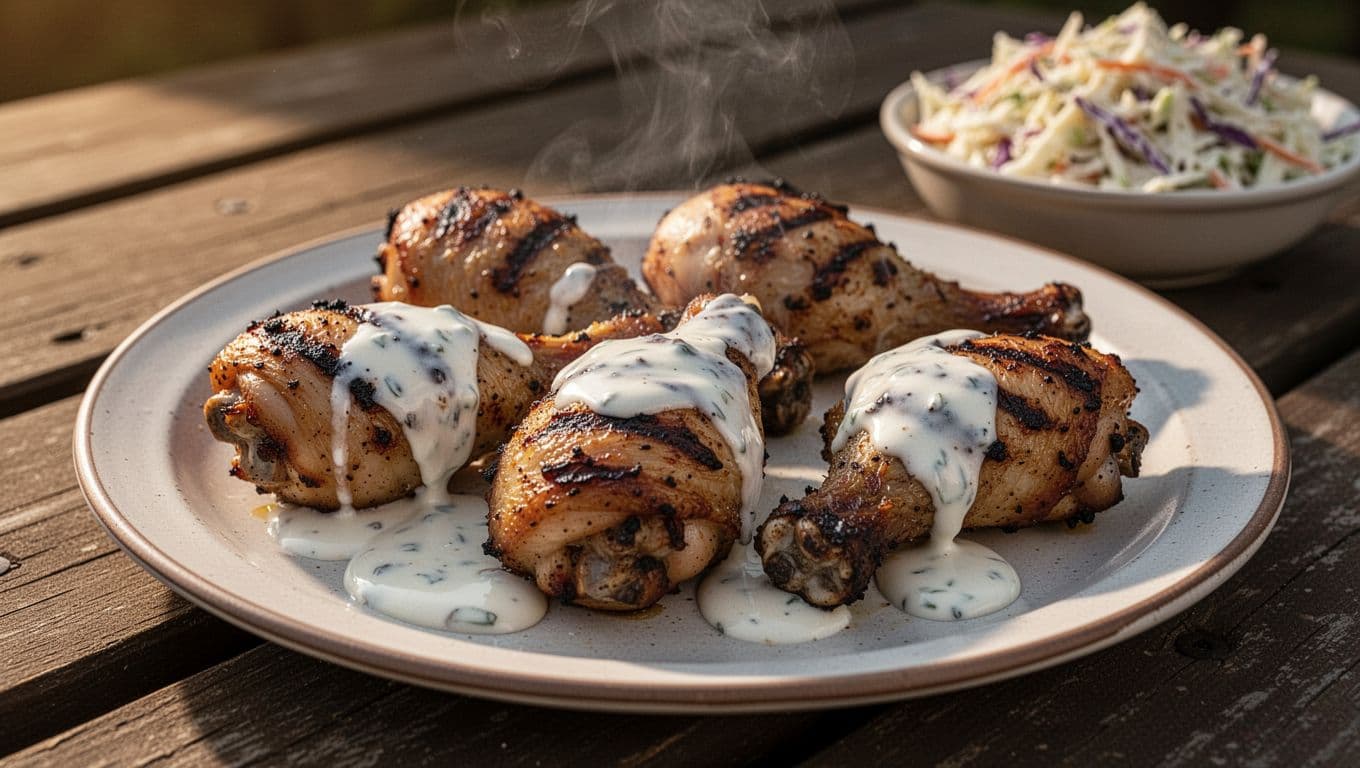 A close-up angled shot of a plate with exactly four grilled chicken drumsticks and wings drizzled generously with creamy Alabama white sauce, showing sauce pooling, grill marks, smoky char, and subtle steam rising, set on a wooden picnic table with blurred coleslaw in the background.