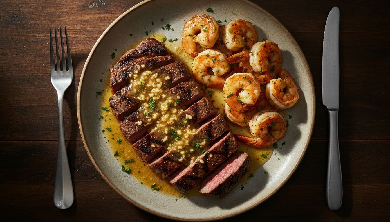 Overhead view of a single plate with sliced grilled ribeye steak topped with melted garlic butter sauce featuring garlic bits, alongside buttery garlic shrimp, garnished with fresh parsley on a wooden table with fork and knife.