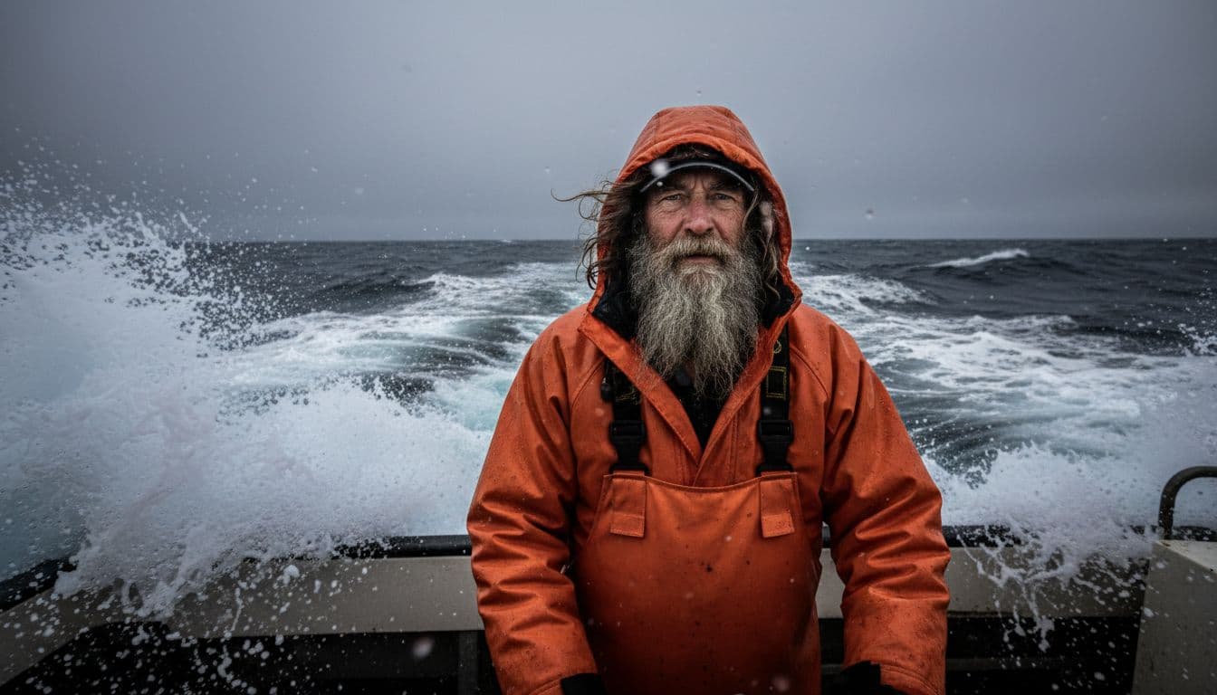 A rugged 60s captain with long gray hair and beard, wearing orange fishing gear, stands intently at the helm of a crab boat as massive waves crash in the stormy Bering Sea. Realistic documentary photo with dramatic overcast lighting and landscape orientation.
