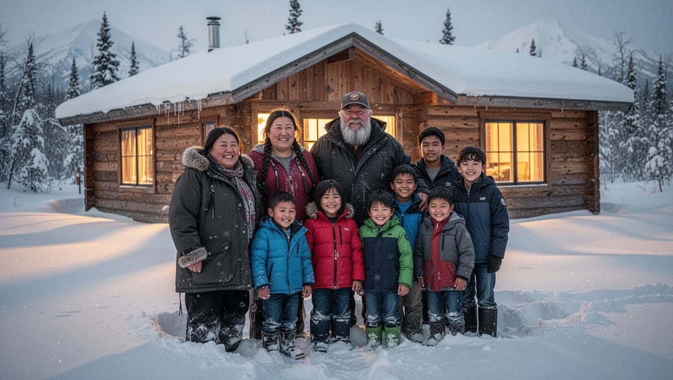 Eight joyful family members stand outside rustic wooden cabin in deep snow, lit by golden evening light from windows.