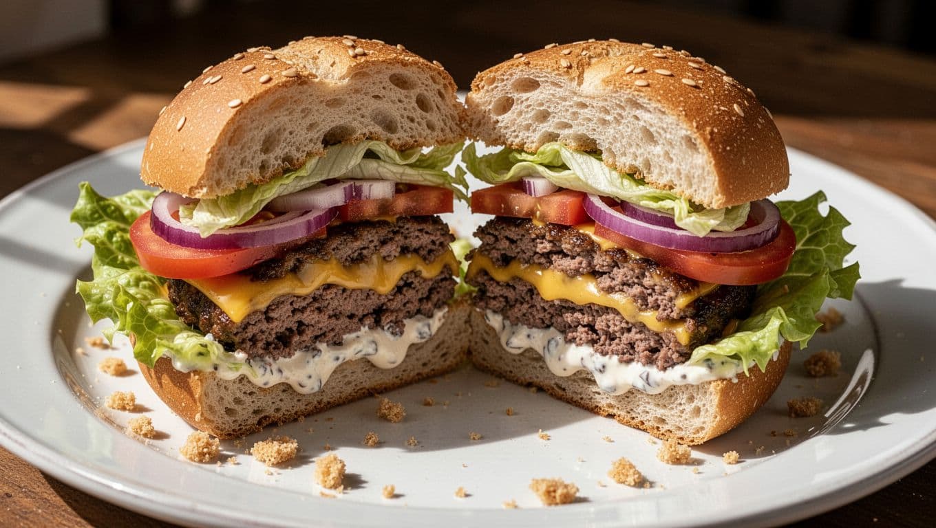 Classic homemade double burger cut in half revealing two beef patties, American cheese, lettuce, tomato, onion, and thick In-N-Out style spread on a white plate.