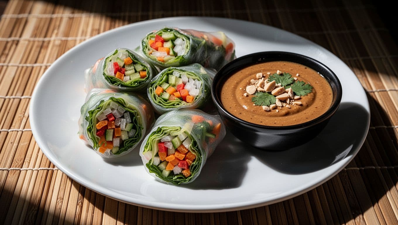 White plate holds four halved spring rolls revealing veggie fillings next to black peanut sauce bowl, garnished with peanuts and cilantro on bamboo mat.