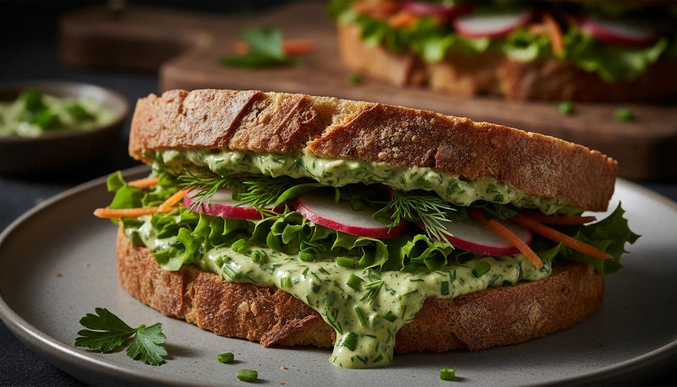 Close-up of halved fresh veggie sandwich on sourdough with thick green herb dressing, crisp lettuce, and sliced radishes.