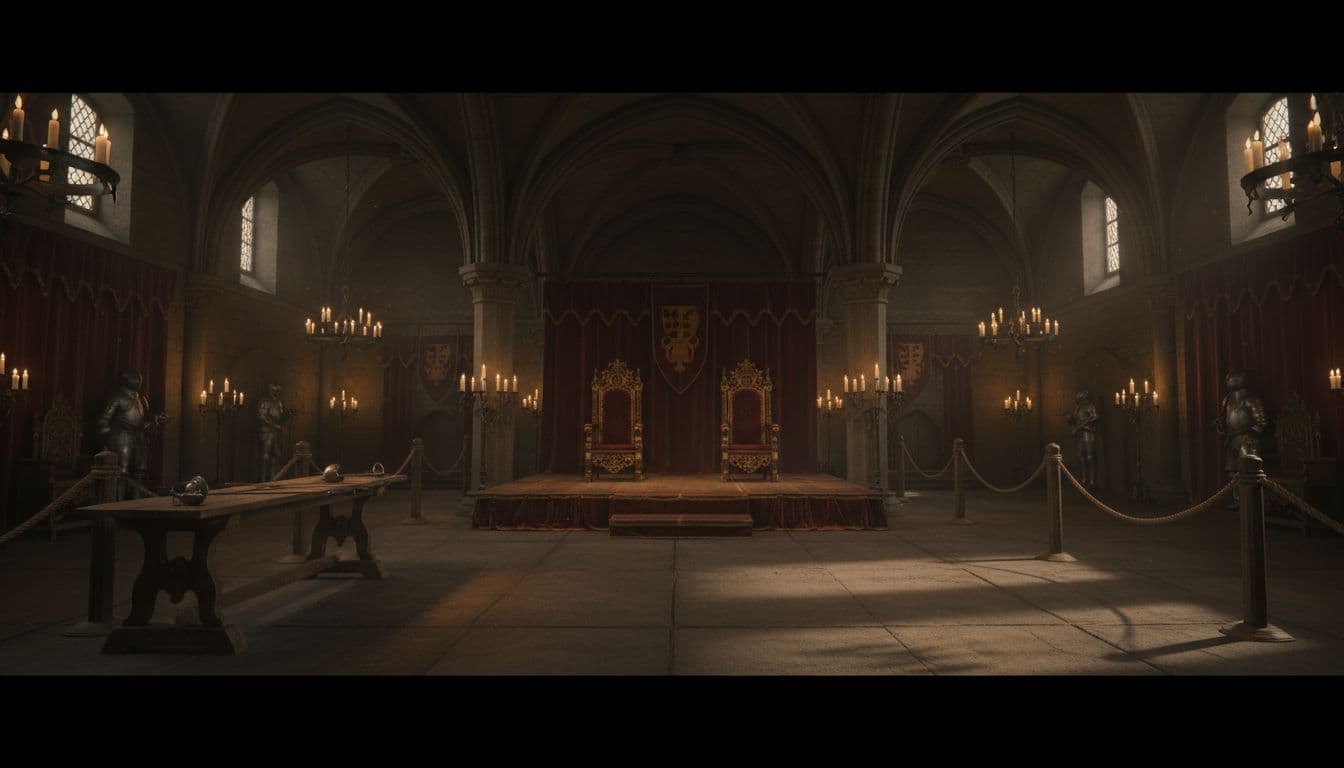 Dark moody Renaissance interior of Elsinore Castle with throne, prepared fencing area, swords on table, soft candlelight creating atmospheric tension before Hamlet's duel, no people.