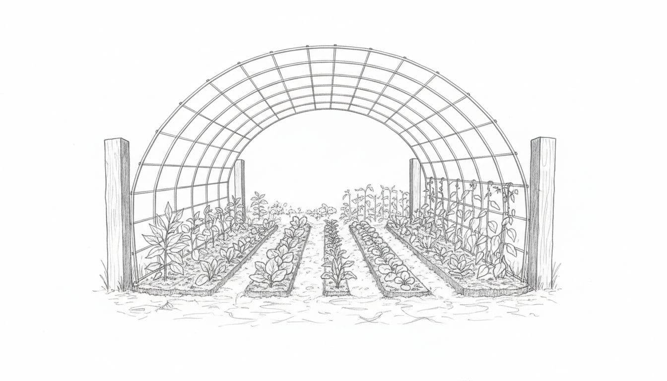 Hand-drawn graphite sketch of a cattle panel arched into a hoop house for garden vegetables, with plants inside, posts at ends, sunny garden plot, wide composition, light shading on clean white paper.