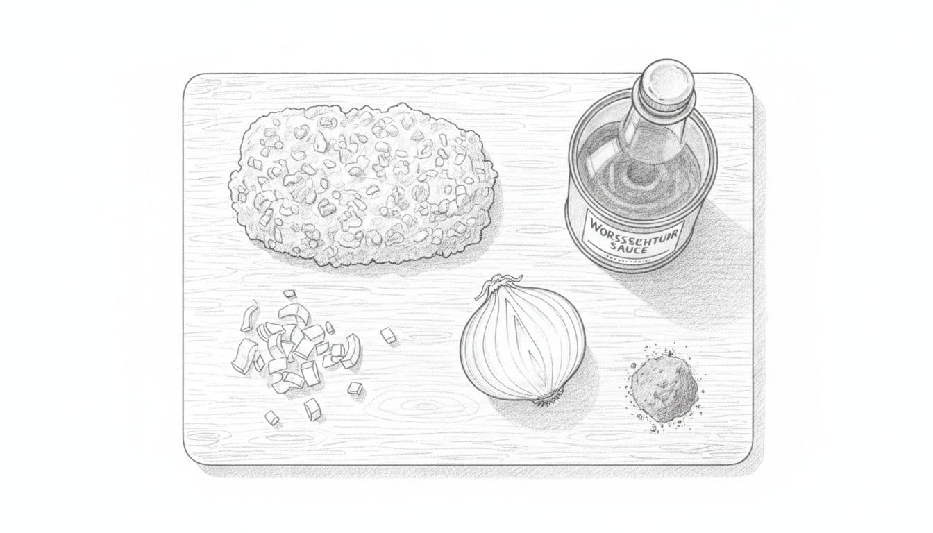 Hand-drawn graphite sketch of key chili ingredients laid out on a cutting board, including ground beef, onions, tomato paste, Worcestershire sauce, and chili powder, with light shading on white paper.