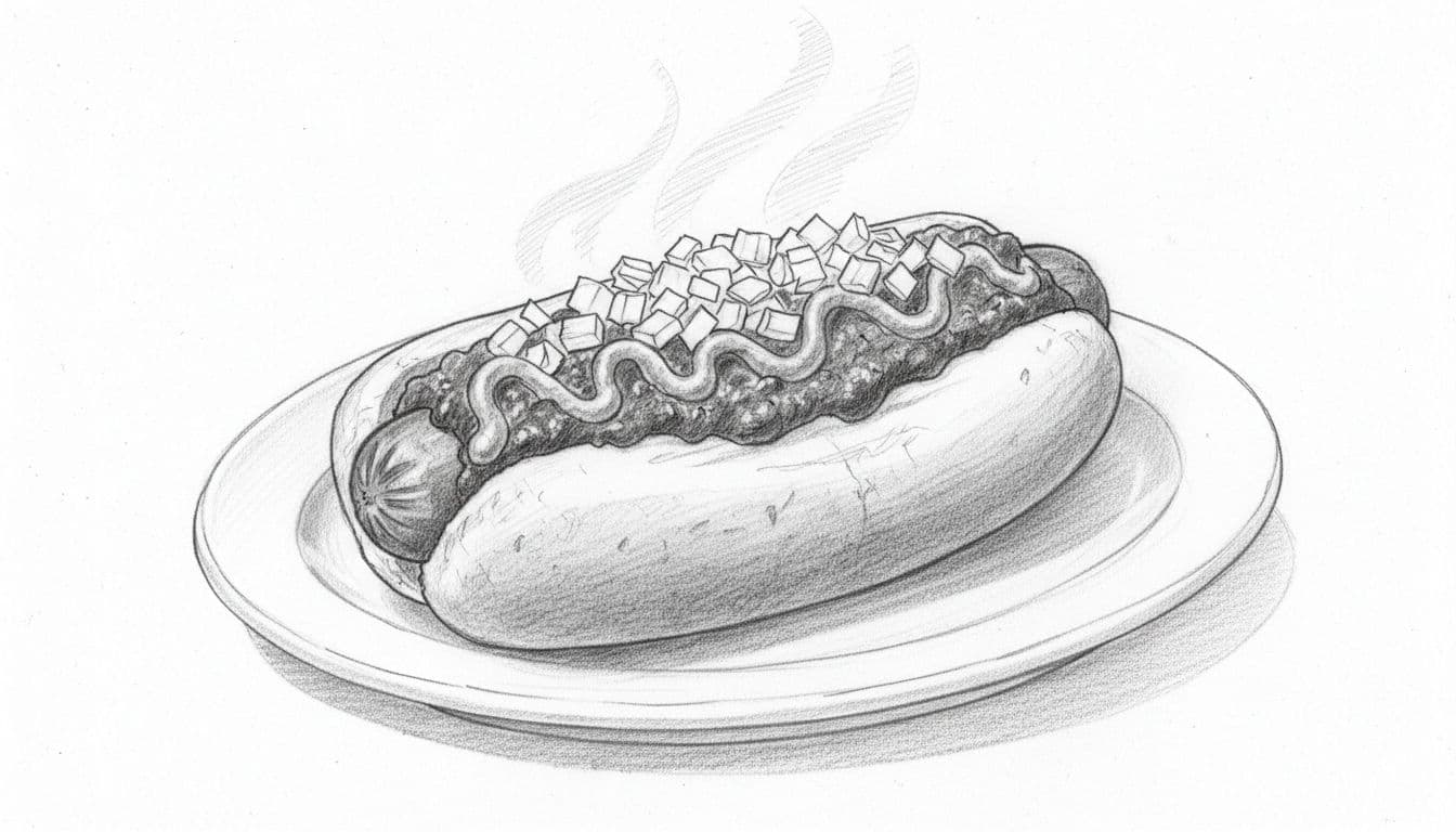 Graphite linework sketch with light shading of a single classic coney dog on a bun, topped with chili sauce, mustard drizzle, and chopped onions, hint of steam, on a plate against white paper background.