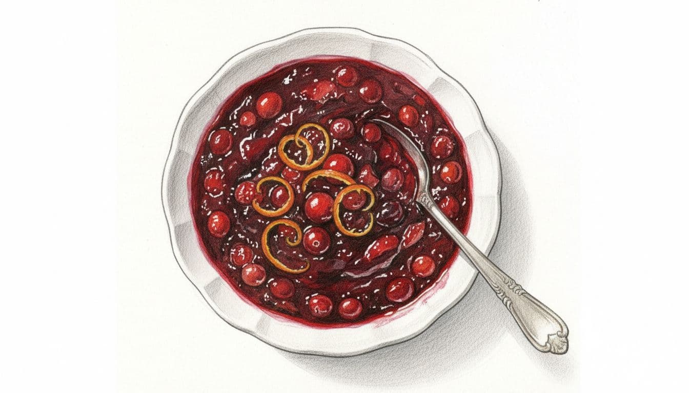 Cohesive hand-drawn graphite sketch with light shading on clean white paper, showing an elegant white bowl of glossy homemade cranberry sauce topped with orange zest curls and whole cranberries, spoon dipping in, top view slightly angled.