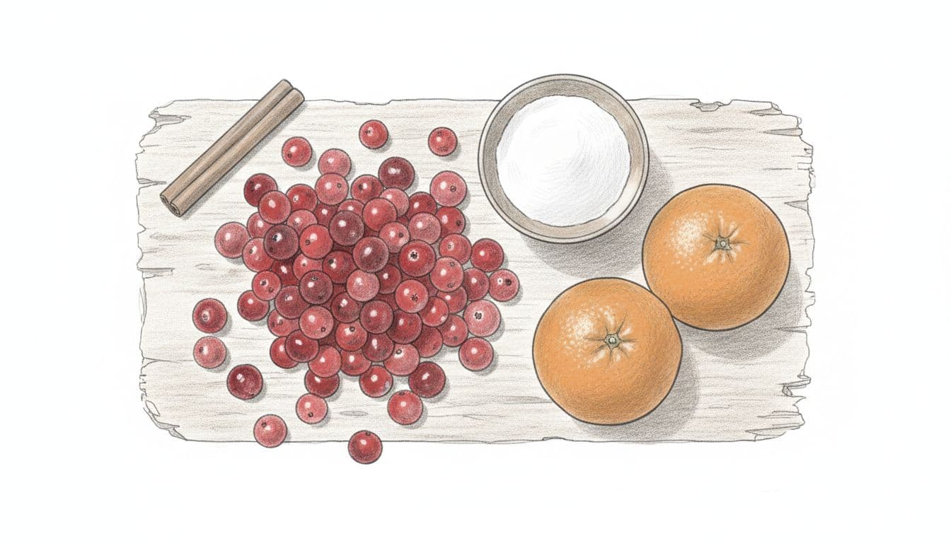 Cohesive hand-drawn graphite sketch of key cranberry sauce ingredients—fresh red cranberries, whole oranges, granulated sugar, and cinnamon stick—arranged top-down on a wooden surface with muted reds, oranges, and browns.