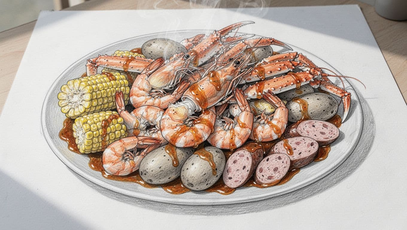 Hand-drawn top-down sketch of a large serving platter piled high with shrimp, crab legs, corn on the cob, potatoes, sausage slices, drizzled in glossy seafood boil sauce, with steam rising, graphite linework and light shading on white paper.