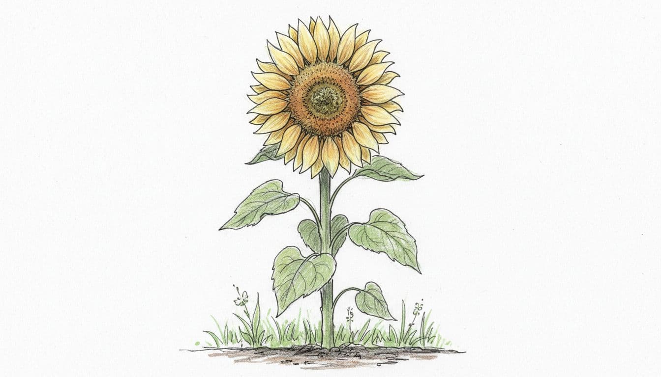 A detailed hand-drawn graphite sketch of a single tall sunflower plant in a garden setting, featuring large yellow petals, brown center, green stem and leaves, from base to bloom on clean white background.