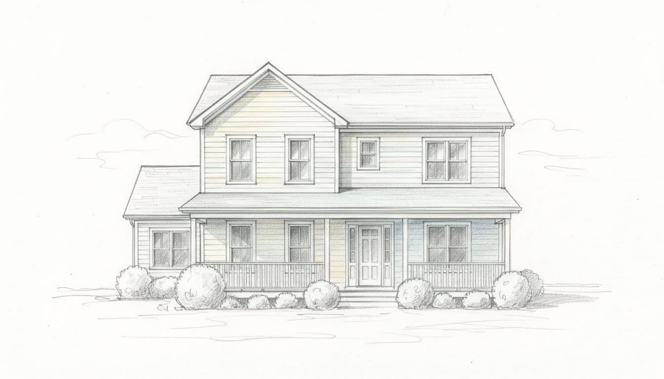 Hand-drawn graphite sketch of a classic two-story house exterior with white siding, crisp white trim, front porch, and subtle warm and cool undertone variations, set against simple landscape and clear daytime sky on clean white paper.