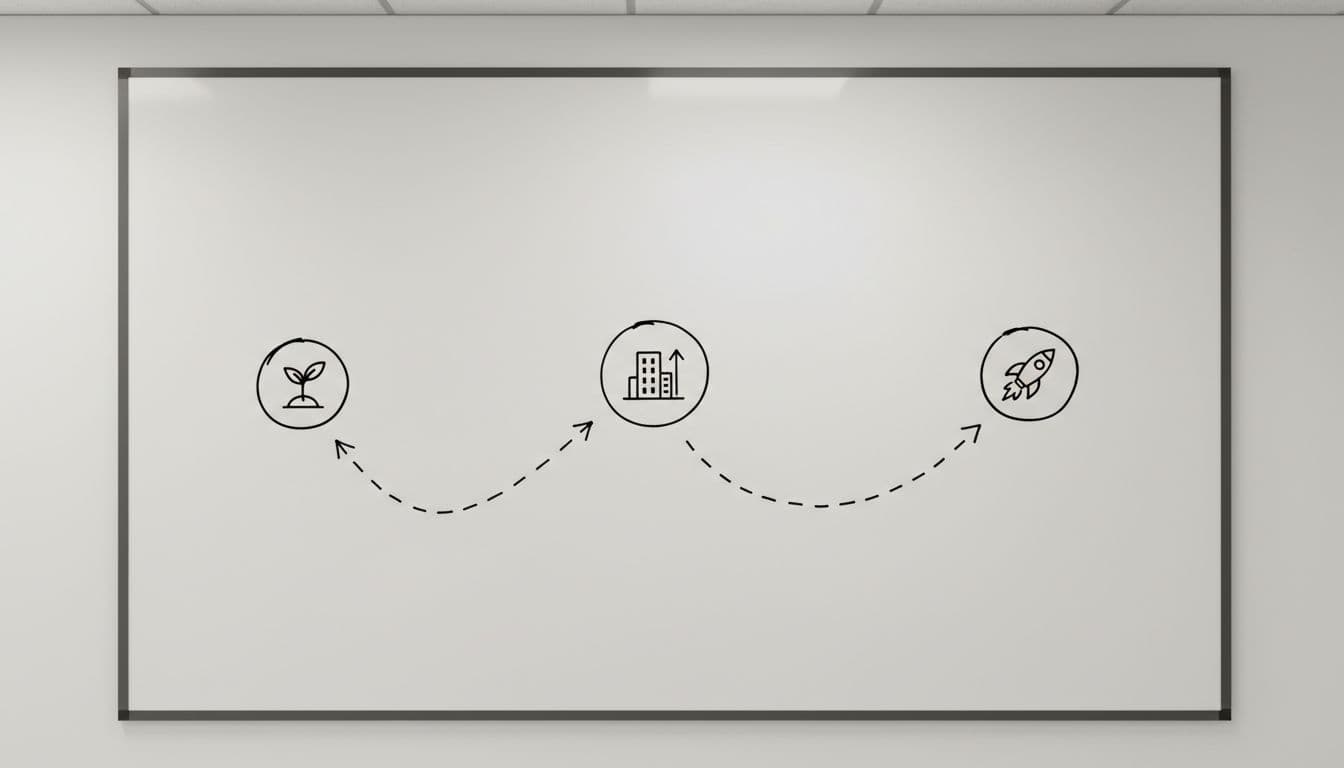 How to Scale Amazon FBA in 2026 Without Bleeding Cash Simple whiteboard roadmap with hand-drawn icons and arrows marking stages along a timeline path in an office wall setting, photorealistic style with soft overhead lighting, clean composition without text, numbers, people, or extra drawings.
