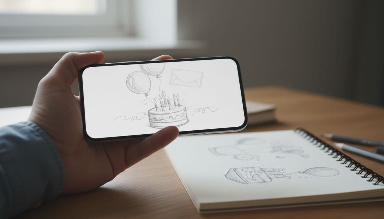 Hand-drawn graphite sketch of a smartphone held relaxed in one hand, displaying a softly blurred digital birthday card interface, on a cozy home office desk with a notebook nearby under natural light.