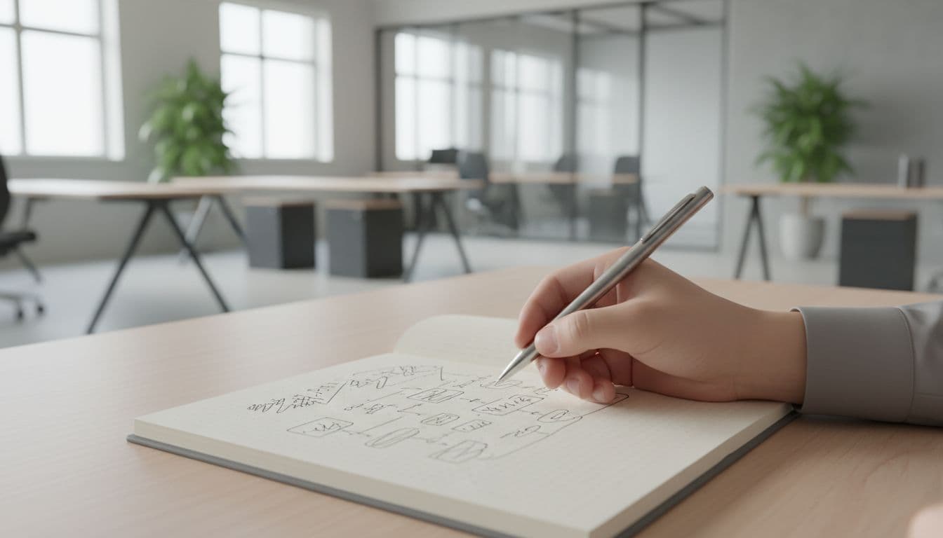 Close-up of hand with pen writing in notebook, blurred modern office background.