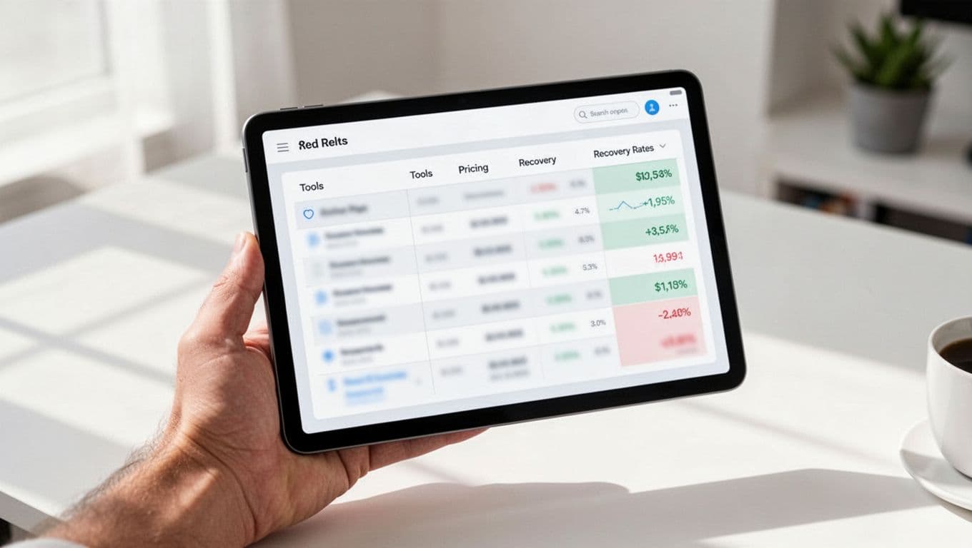 A clean comparison table on a tablet screen held by one hand, displaying blurred columns for tool names, pricing, and recovery rates in modern flat design against a bright workspace background.
