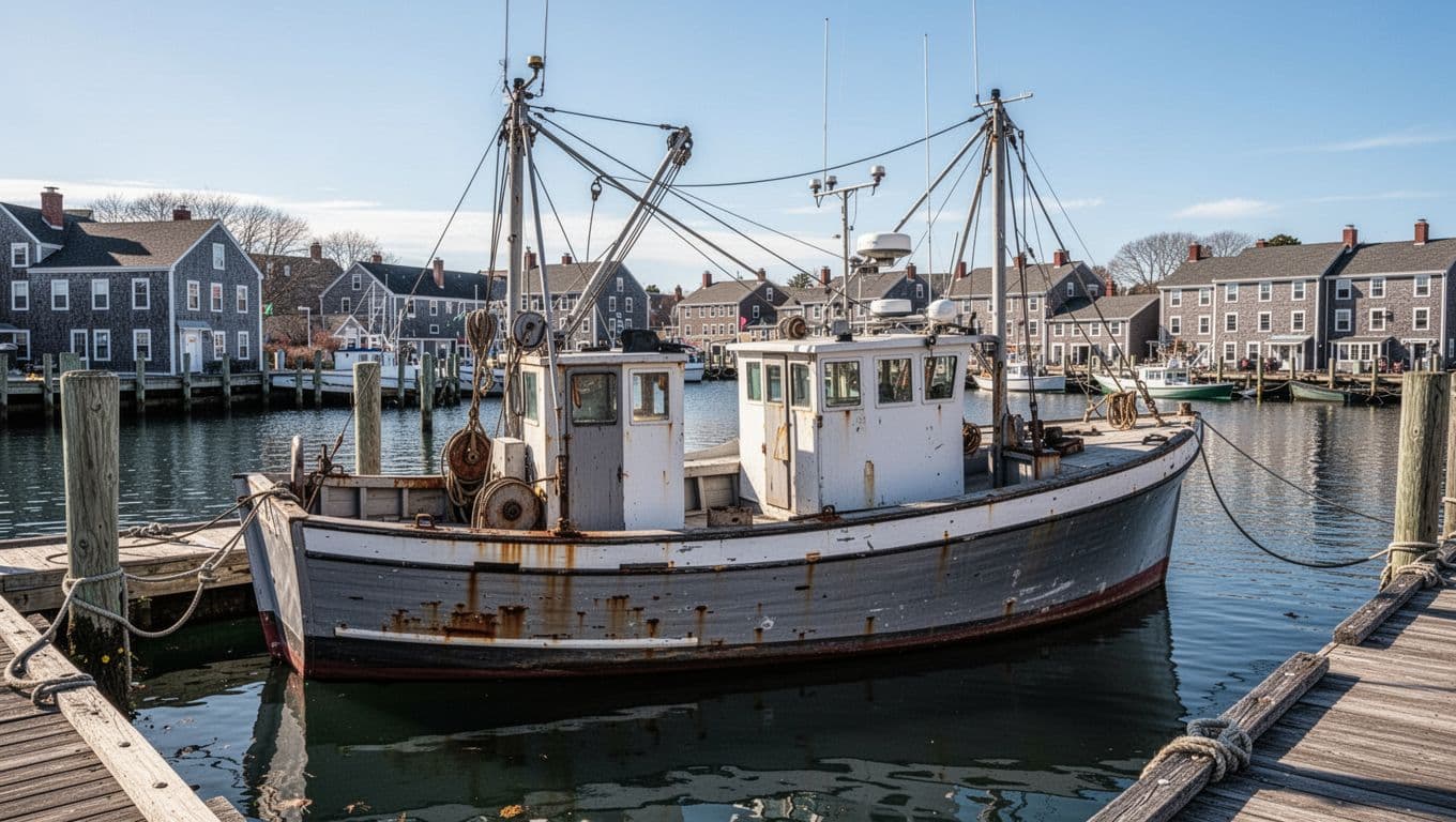 Fishing boat named Hard Merchandise docked at Gloucester, Massachusetts harbor on a clear sunny day, featuring detailed hull and deck with calm water reflections in realistic photo style.