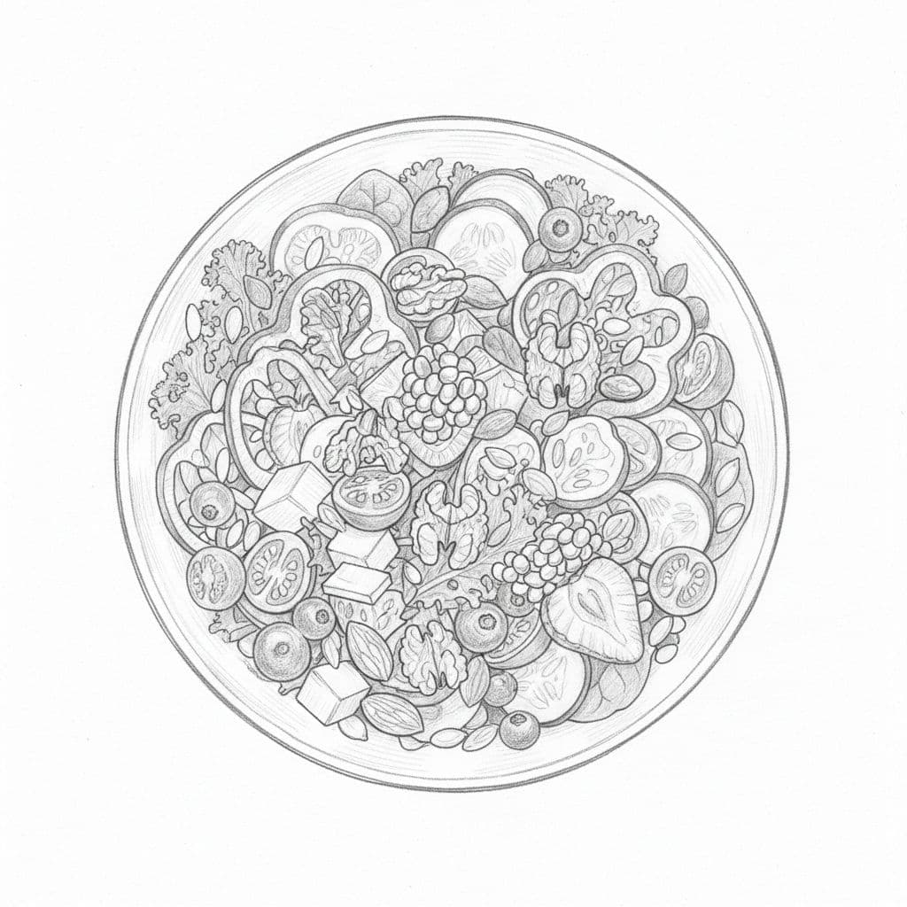 Top-down view of a fresh salad bowl with colorful vegetables, fruits, and nuts on a wooden table, in hand-drawn sketch style with graphite linework, light shading, on clean white paper background.