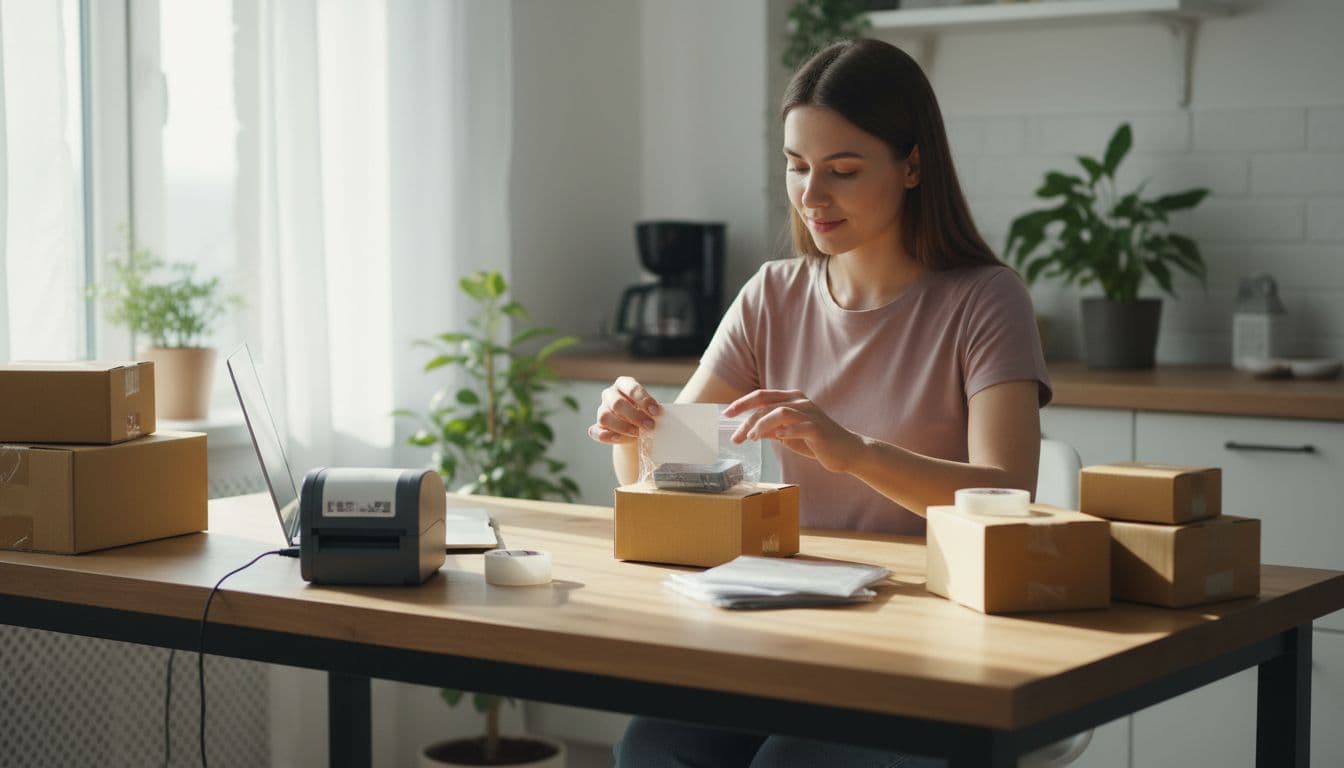 Person at home kitchen table prepping small Amazon FBA inventory, labeling boxes with nearby printer, polybagging items in organized space; casual clothes, focused relaxed pose, bright natural light.