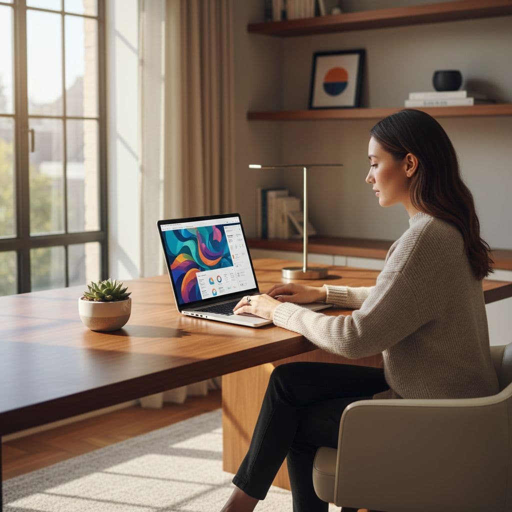 Person sits at wooden desk in modern home office using laptop with colorful abstract data charts on screen.