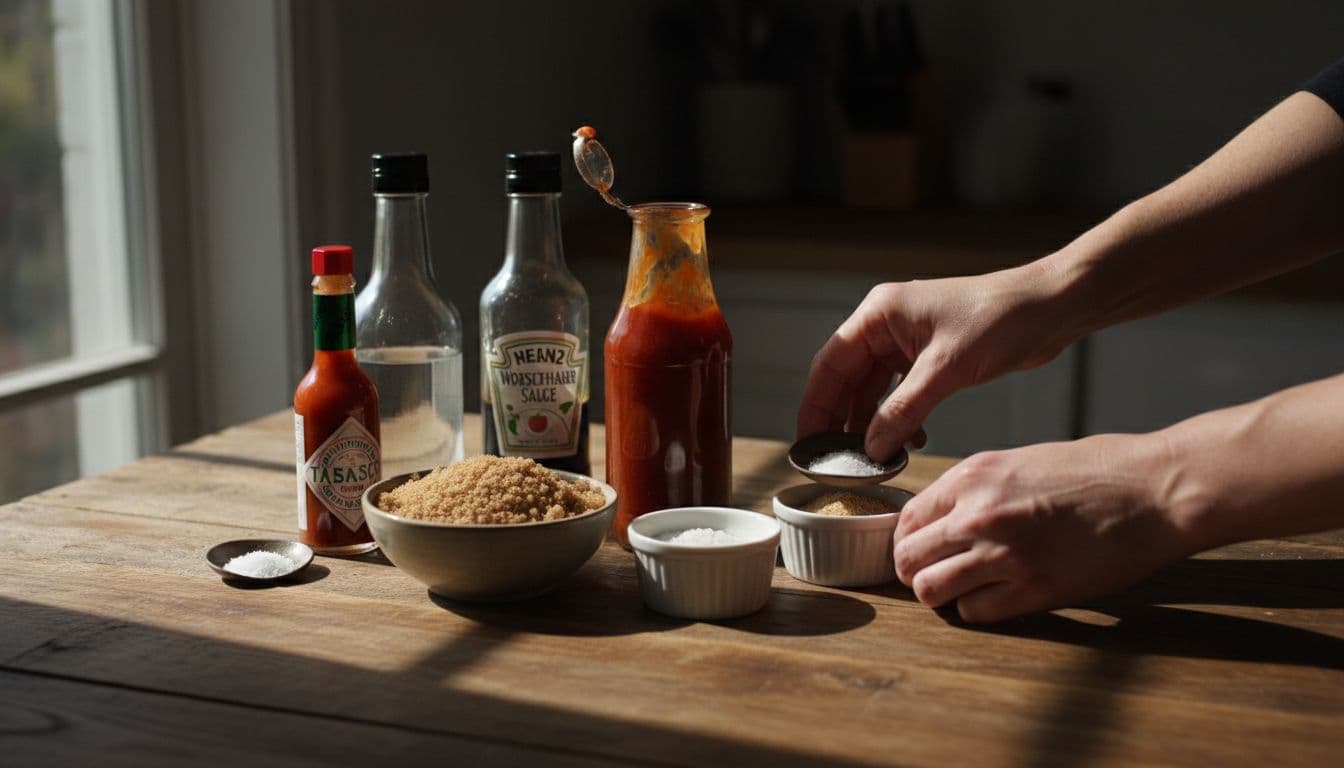 Measured ingredients for homemade Arby's sauce arranged on a wooden kitchen counter, including ketchup, brown sugar, Worcestershire sauce, vinegar, garlic powder, onion powder, hot sauce, and salt. One person's hands visible, relaxed and placing the last item, in cinematic style with dramatic lighting.