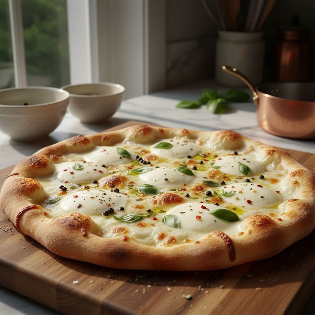 A fresh white pizza topped with mozzarella and herbs sits on a wooden cutting board.