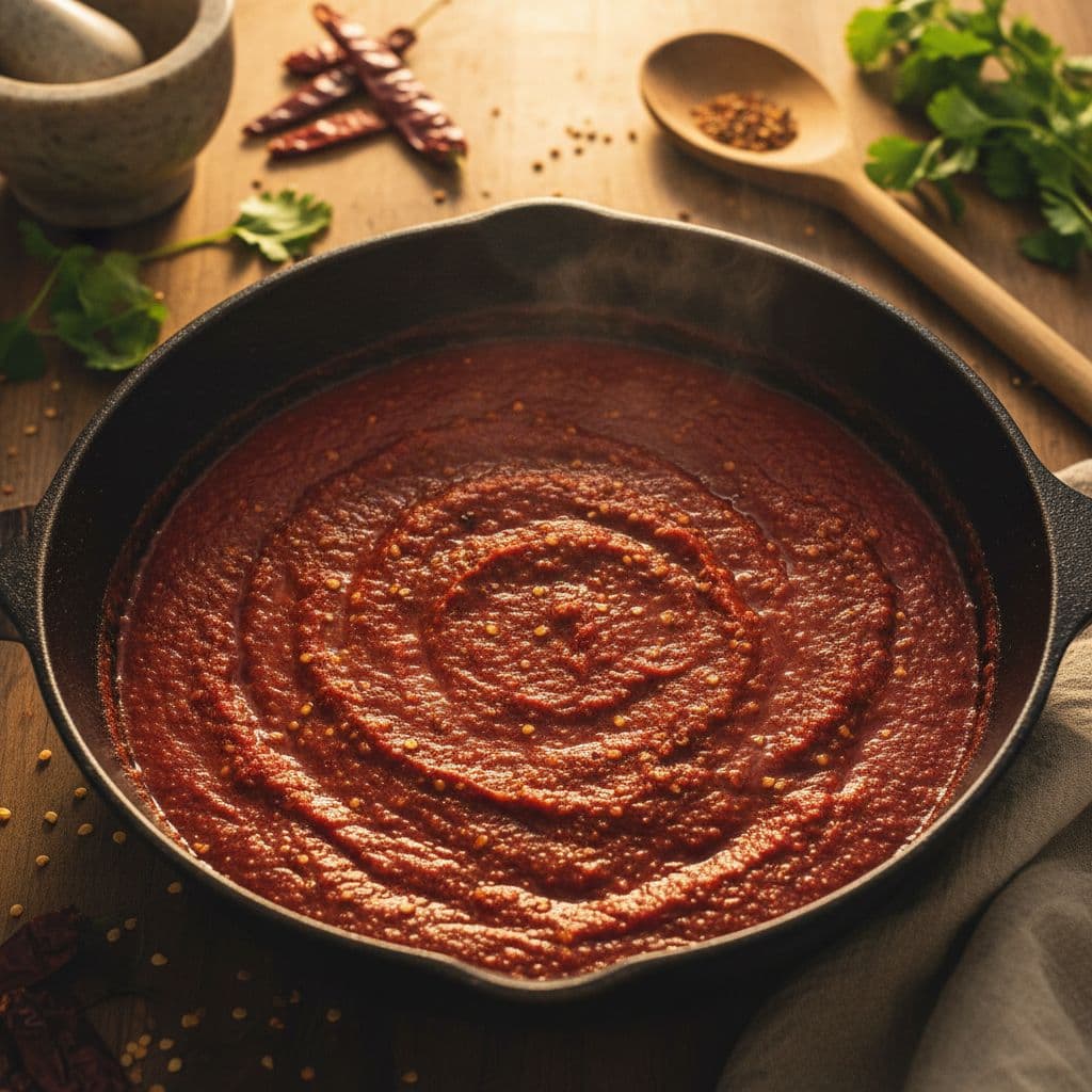 A dark cast-iron skillet contains rich red enchilada sauce simmering on a kitchen stovetop.