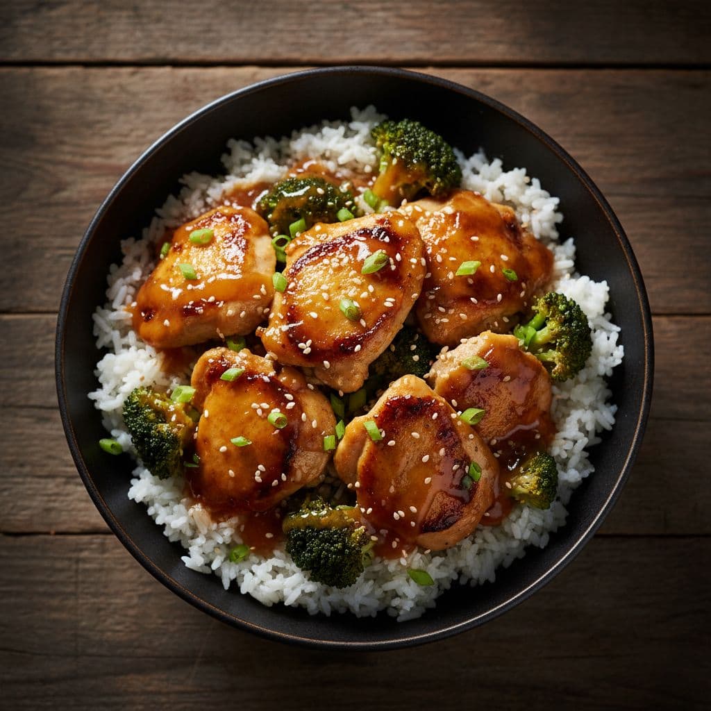 A delicious chicken and rice bowl drizzled with glossy honey garlic sauce on a rustic wooden table.